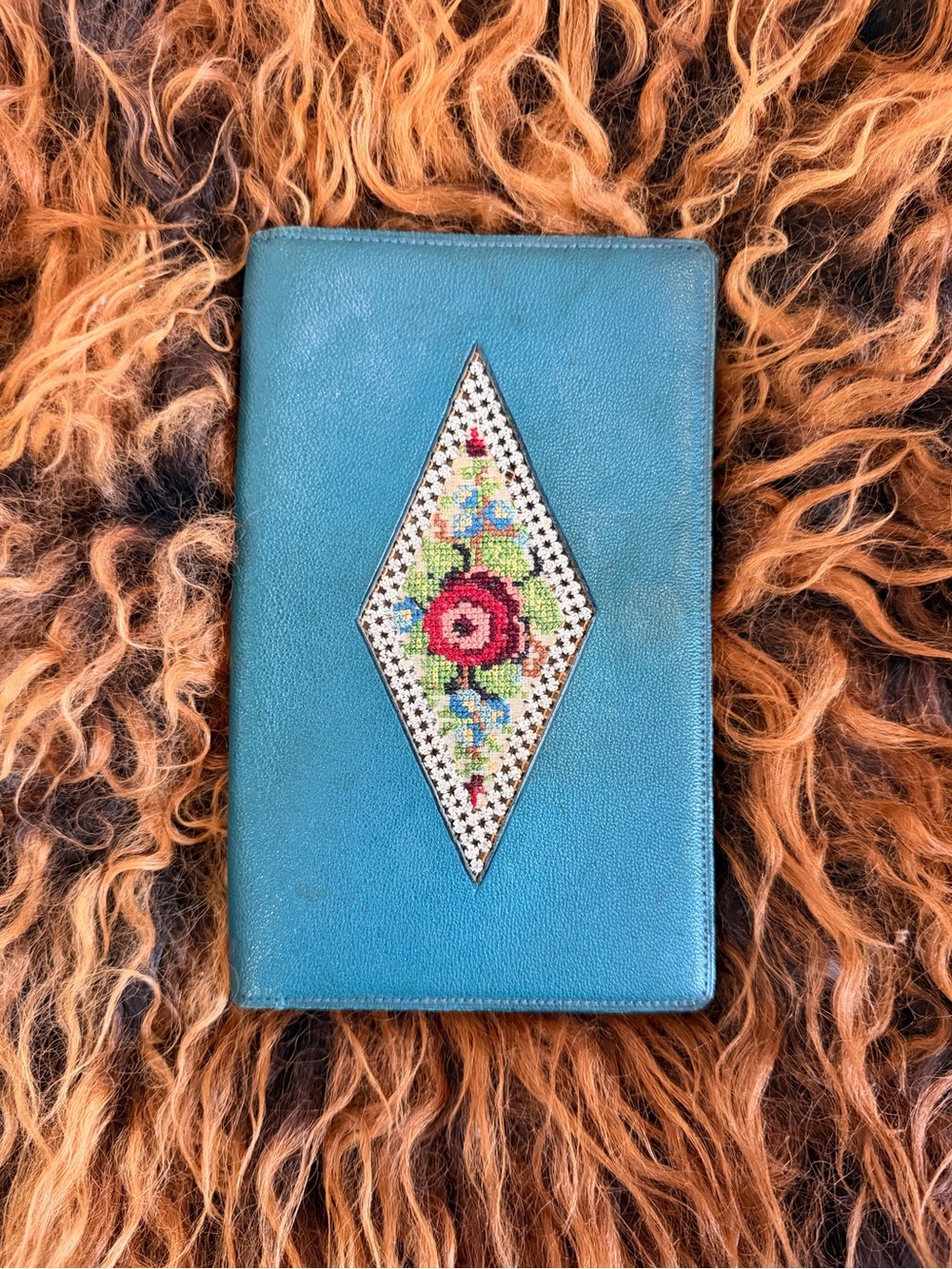 Teal Floral Embroidered Leather Vintage Passport Wallet